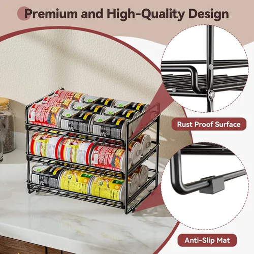 Miniatura 6 de SUFAUY Organizador de latas de 3 niveles para despensa, con capacidad para 36 latas, estantes de metal resistente para almacenamiento, color negro