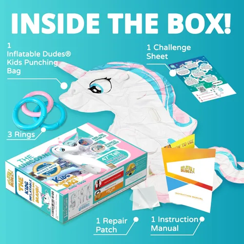 Miniatura 7 de INFLATABLE DUDES Juguete de unicornio de 47 pulgadas, saco de boxeo para niños, ya lleno de arena, bolsa de Bop, lanzamiento de anillos de unicornio