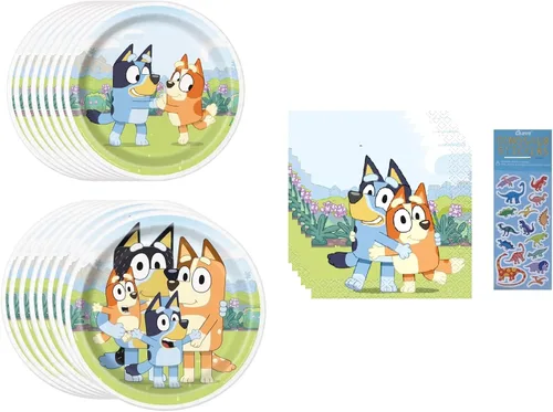 El paquete de suministros para fiesta de cumpleaños Bluey incluye 8 platos de postre para tartas, 8 platos de almuerzo, 16 servilletas para tartas