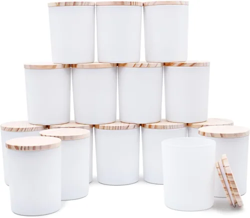 SHOWIN Tarros Gruesos para Velas para Hacer Velas 16 Pzs, 7 OZ Tarros Vacíos con Tapas de Madera para Hacer Velas, Contenedor de Muestra, Blanco Mate