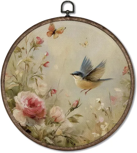 Giosve Póster enmarcado redondo de pájaro gorrión floral vintage, póster enmarcado de pájaro rústico de casa de campo de campo, esculturas de pared