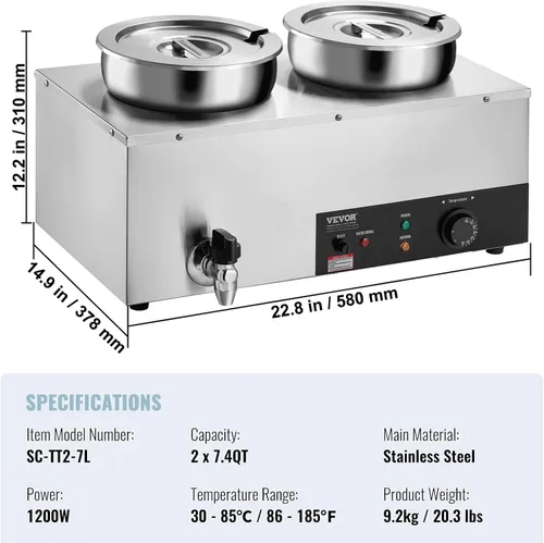 Miniatura 7 de VEVOR Calentador de Sopa Eléctrico, Olla Redonda Doble de Acero Inoxidable de 7.4QT Temperatura Ajustable 86~185°F, Bain Marie Comercial de 1200W