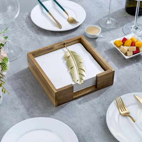 Miniatura 4 de MyGift Servilletero de mesa de madera de acacia de alta calidad, dispensador de servilletas cuadrado rústico con brazo decorativo de plumas de tono