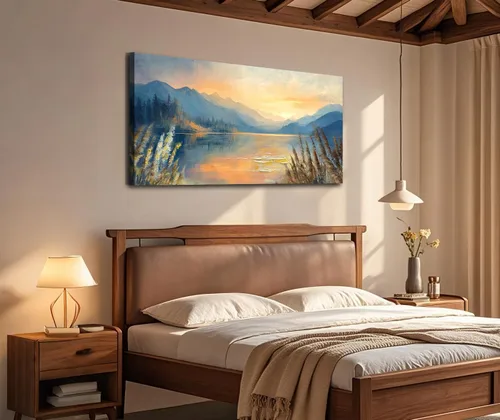 Miniatura 6 de Arjun Pintura de paisaje, puesta de sol, montaña, lago, lienzo, arte de pared, enmarcado grande, 40 x 20 pulgadas, azul suave, cálido, sereno