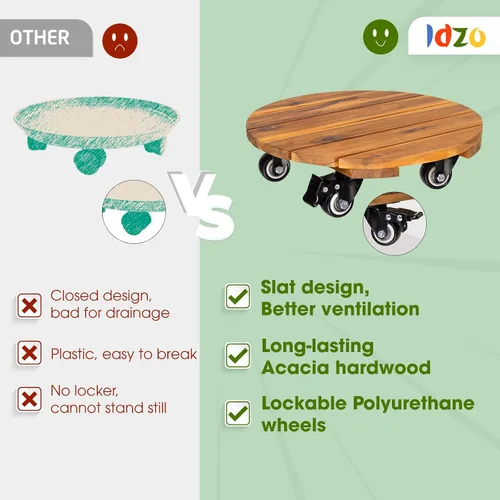 Miniatura 5 de Idzo Paquete de 2 cajas de madera de 12 pulgadas con ruedas resistentes, capacidad de 264 libras, plataforma de madera dura de acacia, soporte