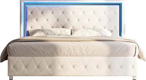 Miniatura 9 de Jocisland Base de cama matrimonial con cabecero y estribo de luces LED, tapizado de terciopelo, plataforma de tamaño matrimonial, no necesita Crema
