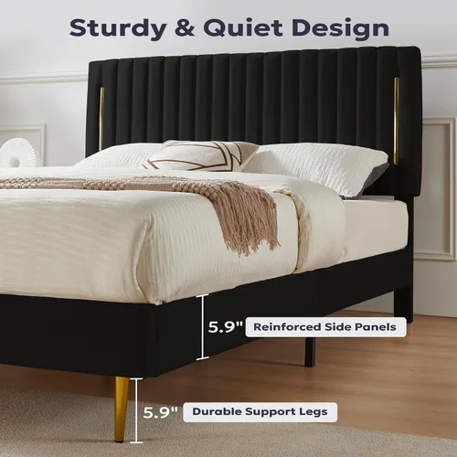 Miniatura 5 de Furnify Armazón de Cama de Plataforma Twin, Marco de Cama Tapizado en Terciopelo con Cabecera Ajustable de Canal Vertical, Ribete de Enchapado