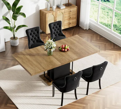 Miniatura 61 de Juego de mesa de comedor de mármol sintético blanco para 6 personas, juego de mesa de comedor extensible de 7 piezas de 63 a 78.74 pulgadas con 6