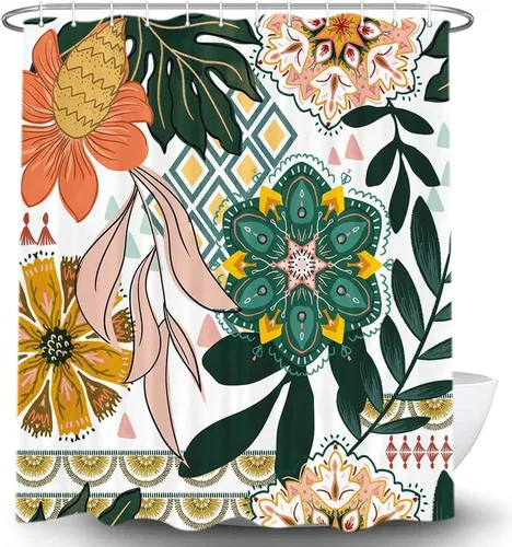 Miniatura 4 de Torich Cortina de ducha floral bohemia, abstracta de mediados de siglo, decoración bohemia, cortinas de baño, flores botánicas, hojas tropicales