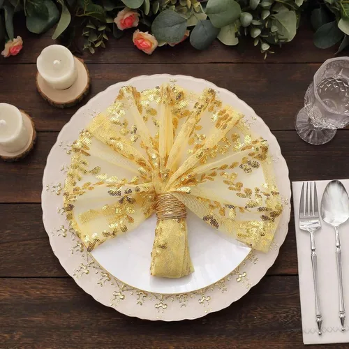 Miniatura 2 de Efavormart Servilletas de tela de cena con hojas de oro brillante y enredaderas bordadas con lentejuelas, servilletas decorativas transparentes