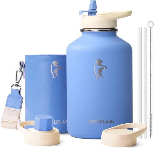 Miniatura 15 de Coolflask Botella de agua de 64 onzas aislada con funda de cuero PU, botella de agua de medio galón con contraste de color y tapa con popote, jarra