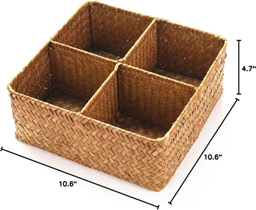 Miniatura 6 de Cesta de almacenamiento tejida de hierba marina con 4 secciones divididas, cesta de mimbre organizadora para encimeras/armario/estante/aparador
