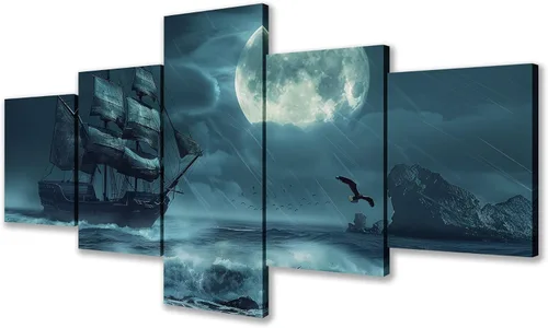 Norse Decor Obra de Arte de Barco Pirata Cuadro en Blanco y Negro para Sala de Estar Pinturas de Velero Barco Lienzo Multi Panel Arte para Pared