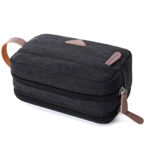 Miniatura 2 de Mactso Neceser para hombre, kit de viaje de cuero de lona vintage con 2 compartimentos, cremallera resistente, 9.5 x 5.5 x 4 pulgadas, organizador