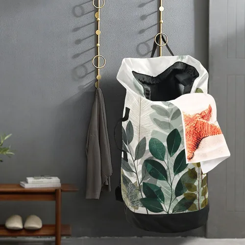 Miniatura 6 de Mochila de lavandería con hojas de estilo bohemio beige con correas ajustables para el hombro, bolsa de lavandería sucia para viajes, campamento