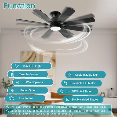 Miniatura 2 de KNUN - Ventilador de techo negro de 52 pulgadas, ventiladores de techo de perfil bajo con luces y control remoto/APP, 8 aspas, silencioso, motor CC