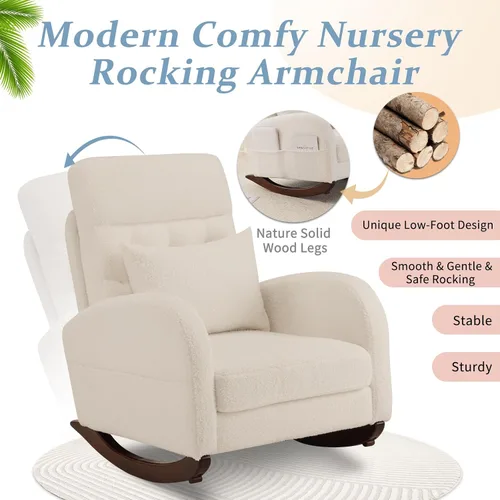 Miniatura 3 de VINGLI Silla de columpio de felpa de estilo teddy con asiento bajo, silla de columpio tapizada en bouclé para cuarto de bebé con bolsillos Forro