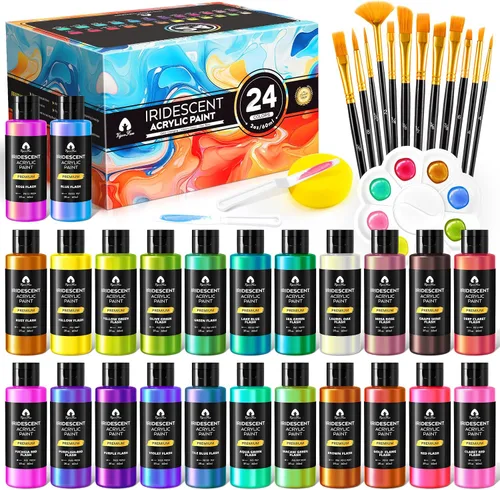 Juego de pintura acrílica iridiscente de 40 piezas con 12 pinceles, 2 cuchillos y paleta, 24 colores (2 onzas/60 ml) - para adultos, artistas y