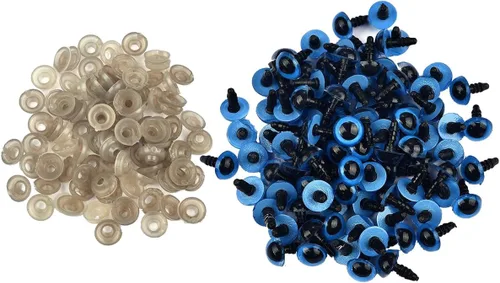 Queenbox 100 tornillos de seguridad de plástico de 0.394 pulgadas con arandelas, globo ocular redondo de animales amigurumi, fabricación de azul