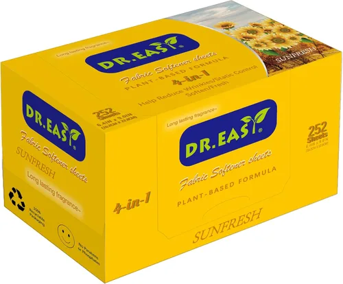 DR.EASY Hojas para Secadora Fórmula a Base de Plantas 252 Unidades Hojas Suavizantes de Tela para Lavandería Aceite Esencial Sunfresh con Aroma Sin