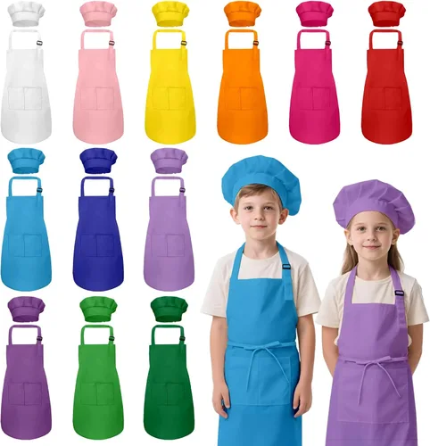 Juego de delantal y sombrero de chef para niños, 24 piezas con 2 bolsillos ajustables para cocinar, aula, hornear, pintura, 6 a 13 años, color
