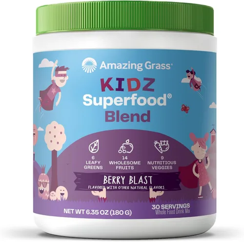 Amazing Grass Kidz Superfood: Vegetales orgánicos, frutas y verduras, polvo de raíz de remolacha y probióticos para niños saludables, explosión de