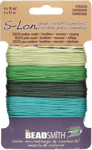 The Beadsmith S-Lon - Cordón de nailon trenzado de 0.020 in para cuerda, TEX210, mezcla de hoja perenne, 4 colores, 10 yardas cada color Evergreen