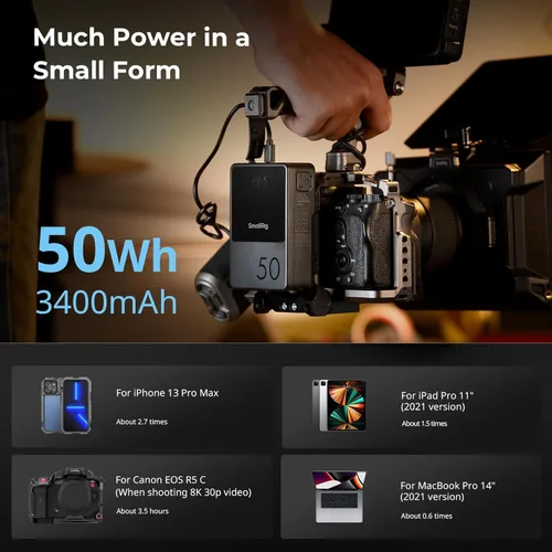 Miniatura 7 de Batería de montaje en V de SmallRig VB50 Negra, Batería de montaje en V de 50Wh / 3400mAh con salida de 45W, carga completa en 1.5H, con USB-C