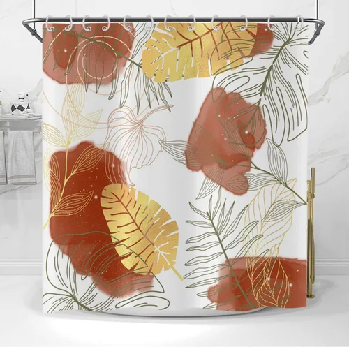 Miniatura 16 de Cortina de ducha bohemia y chic, cortina de baño moderna con hojas tropicales abstractas y ramas botánicas doradas, para decoración del hogar, tela