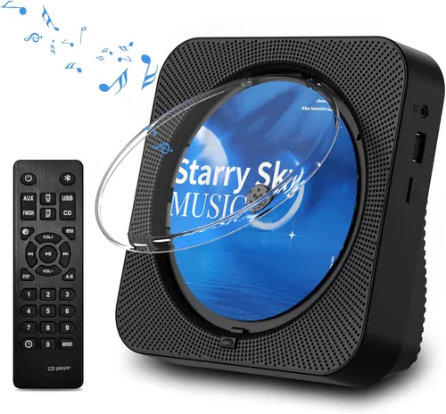 Reproductor de CD portátil Bluetooth 5.1 reproductor de CD de escritorio con altavoces de sonido de alta fidelidad, control remoto, cubierta Negro