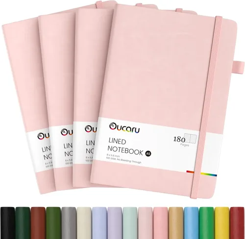 Miniatura 12 de Oucaru Cuaderno rayado, paquete de 4, 180 páginas, diarios A5 para escribir, papel grueso de 100 GSM, cuadernos pequeños diarios para mujeres y 4