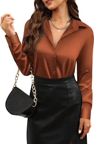 Miniatura 25 de CUNLIN Camisas de satén de seda suave con botones de leopardo para mujer, camisa de trabajo de manga larga de seda, blusas de vestir, tops