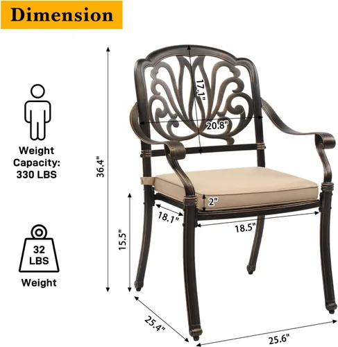 Miniatura 8 de VINGLI Juego de 3 piezas de bistró para exteriores, mesa de patio de aluminio fundido y 2 sillas para patio, balcón, jardín, juego de muebles