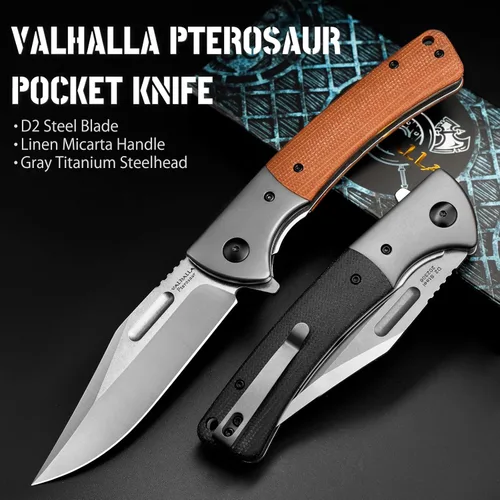 Miniatura 4 de VALHALLA PTEROSAUR EDC - Cuchillo plegable de bolsillo, hoja de acero D2 de 3.9 pulgadas con mango de micarta, cuchillo plegable táctico para Marrón
