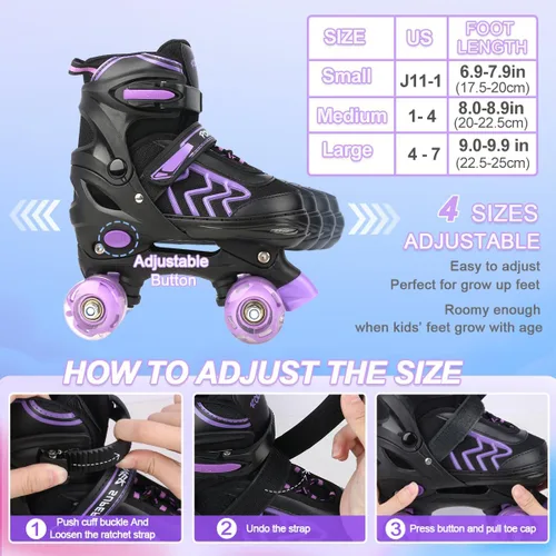 Miniatura 2 de Patines ajustables para niños pequeños con ruedas iluminadas para niños y niñas principiantes para deportes de interior y exterior Morado y negro