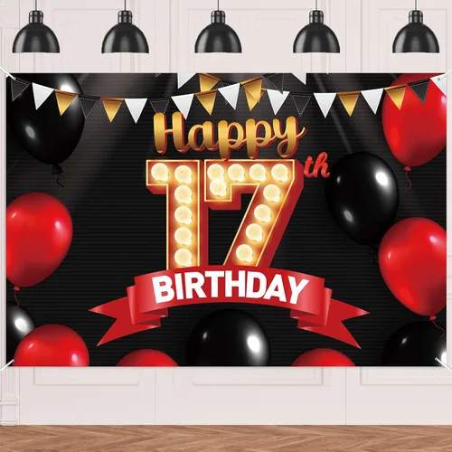 Miniatura 10 de FlagY-Bn-14 - Cartel de feliz cumpleaños número 14, decoración de pancarta negra, telón de fondo dorado, globos rojos y negros, decoración temática