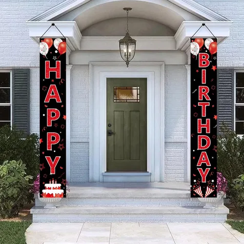 Miniatura 4 de Cartel de cumpleaños rojo y negro para puerta de cumpleaños para hombres y mujeres, letrero de feliz cumpleaños rojo y negro, suministros de fiesta