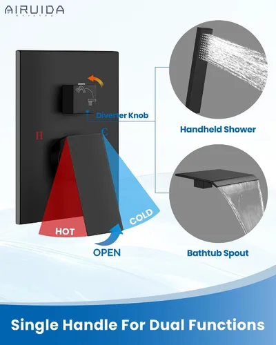 Miniatura 5 de Airuida Grifo de bañera de montaje en pared con caño de cascada para bañera, grifo de bañera montado en la pared con ducha de mano de una sola Negro