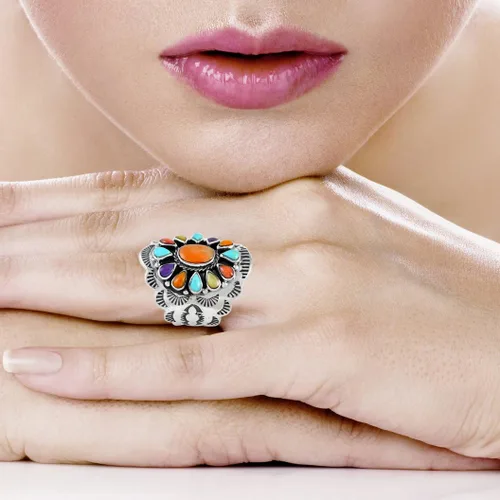 Miniatura 2 de Anillo de plata de ley con piedras preciosas auténticas y turquesa (selecciona color)