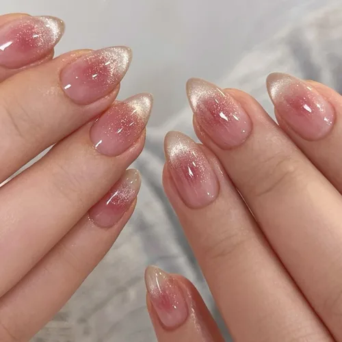 Miniatura 35 de Uñas postizas a presión de almendra marrón, medianas con diseños de leopardo y purpurina, uñas postizas en forma de almendra otoñal, uñas acrílicas