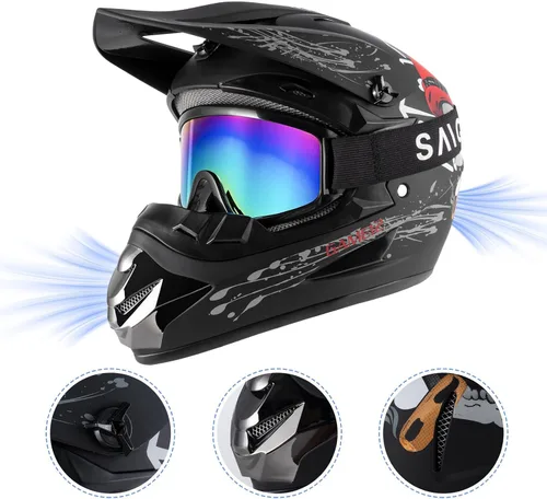 Miniatura 2 de Juego de 4 cascos de motocross para niños y jóvenes (guantes con gafas), casco de motocicleta de cara completa aprobado por DOT, ATV, BMX, bicicleta