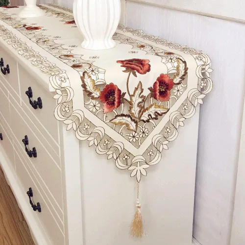 Arzoe Camino de mesa de encaje con flores europeas vintage, corredores elegantes, decoración de mesa de armario y comedor (borgoña, 16×59 pulgadas)