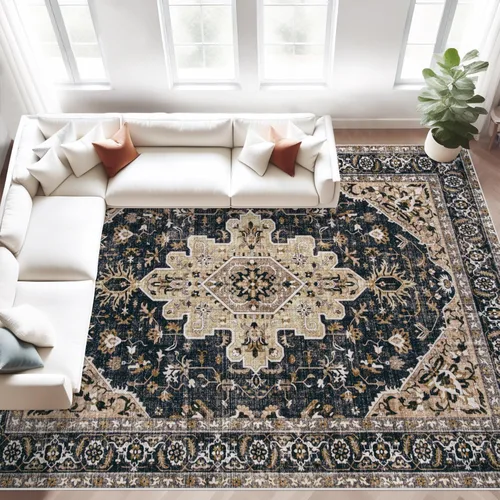 Miniatura 24 de Alfombra de área 9x12 pulgadas: grandes alfombras vintage lavables para sala de estar, alfombra retro con medallón, envejecida, suave, de pelo bajo
