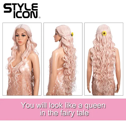 Miniatura 5 de Style Icon Pelucas de encaje frontal de 36 pulgadas, pelucas de color rosa súper largas con cabello de bebé, densidad del 130 %, peluca sintética