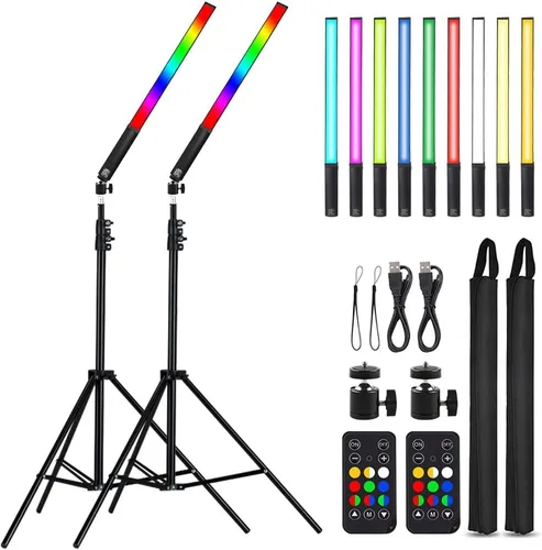 Varita de luz LED RGB, kit de iluminación de video LED, 9 modos de color, con trípodes de 26.2 a 78.7 pulgadas, ajustable 3200K-5600K, paquete de 2