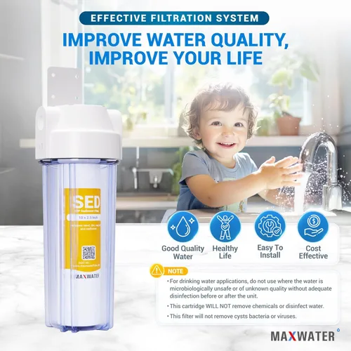 Miniatura 7 de Max Water Sistema de filtración de agua de 1 etapa de 10 pulgadas para toda la casa con carcasa transparente y filtro de sedimento de polipropileno