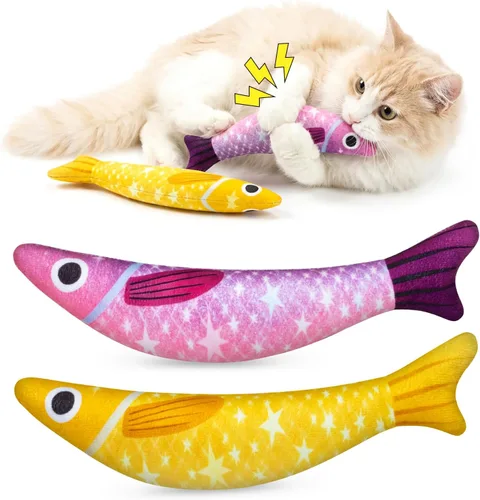 Juguetes para gatos de interior con 5000 mg de hierba gatera natural interactiva Kicker Fish Toy de sonido Crinkle Bell Sonido Gato Adulto Gatitos
