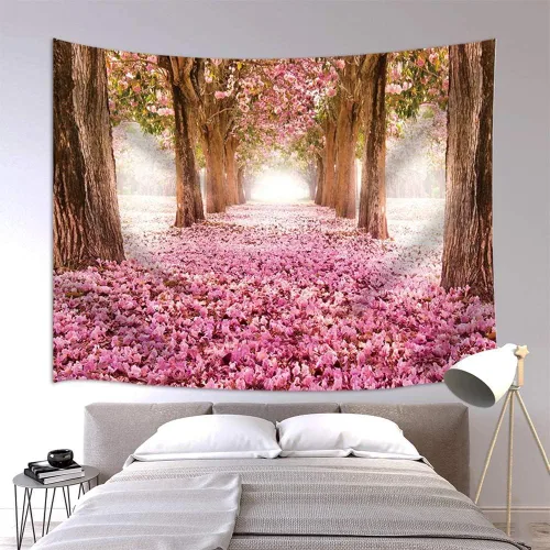 Miniatura 4 de JAWO Alfombra Floral de Sakura Rosa, Tapiz para Colgar en la Pared, Árbol de Flores de Cerezo en Primavera, para Dormitorio, Sala de Estar