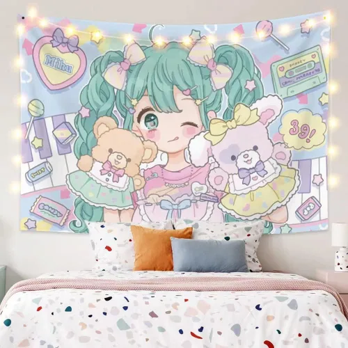 Miniatura 8 de SUFUZEGA Tapiz de Chica de Anime Japonés Kawaii Esteticismo Impresión 3D Arte de Anime para Colgar en la Pared, para Sala de Estar Dormitorio R01
