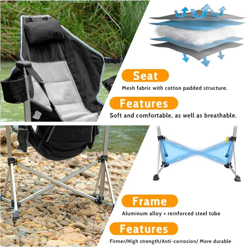 Miniatura 6 de Romswi 1 silla hamaca de aluminio, silla plegable portátil de gran tamaño con respaldo y asiento ajustables, soporta 440 libras para exteriores